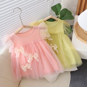 Kids Baby Girls Casual Cute Bow Sleeveless Mesh Dress