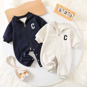 Kids Baby Boys Girls Autumn Winter Casual Cute Letters Fleece Long Sleeve Zipper Romper