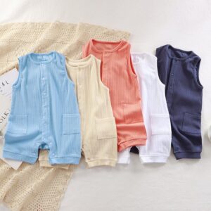 Kids Baby Boys Girls Casual Cute Solid Color Stripe Sleeveless Romper
