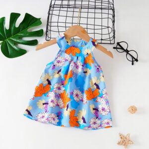 Kids Baby Girls Casual Cute Flower Print Sleeveless Halter Neck Dress