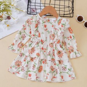 Kids Baby Girls Casual Cute Flower Print Long Sleeve Dress