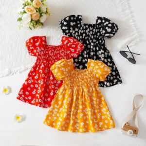 Kids Baby Girls Casual Cute Tiny Flower Print Puff Sleeve Dress