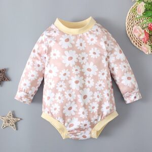 Toddlers Newborn Baby Girls Long-Sleeved Round Neck Floral Bodysuit