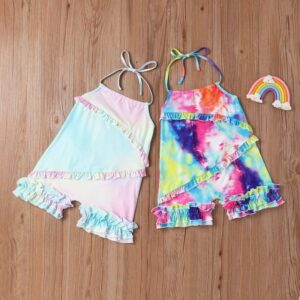 Girls Creative Tie-dyed Stringy Selvedge Design Sling Romper