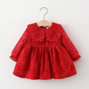 Kids Baby Girls Casual Cute Solid Color Lace Hollow Long Sleeve Lapel Dress