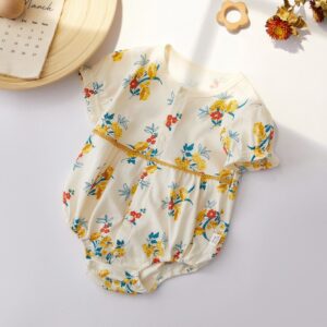 Baby Girls Pastoral Flower All Over Print Single-breasted Short Sleeve Romper