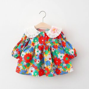 Toddlers Newborn Baby Fashion Girls Long Sleeve Printed Lace Flower Collar Princess Dress