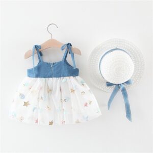 Baby Girls Cute Bow Decor Mesh Denim Spliced Dress With Hat