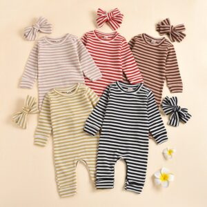 Toddlers Newborn Baby Fashion Girls Basic Casual Stripe Print Long Sleeve Romper