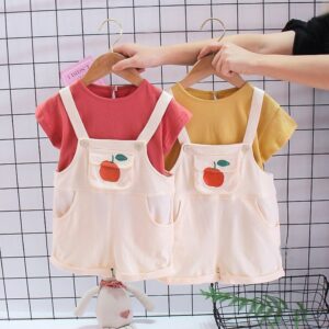 Baby Girls Solid Color Short-sleeved T-Shirt And Suspender Trousers Set