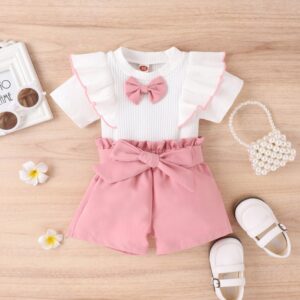 Toddlers Newborn Baby Fashion Girls Short Sleeve Bowknot Top And Pink Shorts 2pcs Set