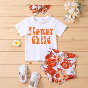 Baby Girls Basic Round Neck Short Sleeve Letter Daisy Pattern T-Shirt And Flower Shorts With Headband Set