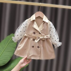 Baby Girls Basic Lapel Polka Dot Long Sleeve Net Yarn Design Single-breasted Coat