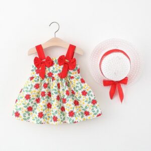 Toddlers Newborn Baby Girls Print Bowknot Sleeveless Dress And Hat 2pcs Set