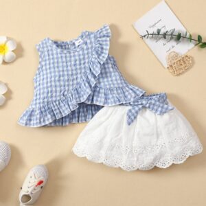 Girls Sleeveless Ruffled Plaid T-Shirt And Hollow Out Bow Skirt Set