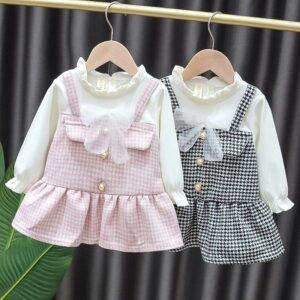 Girls Sweet Long-sleeved Houndstooth Mesh Bow Spliced Dress