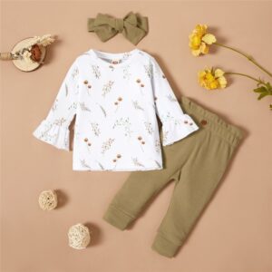 Baby Girls Round Neck Flared Sleeve Floral Top And Pants With Headband Set