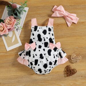 Toddlers Newborn Baby Girls Cow Print Bow Bodysuit And Headband