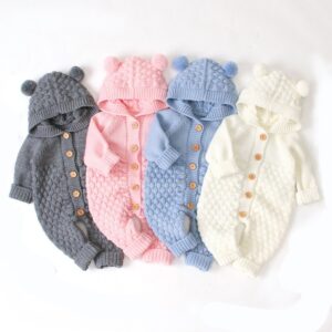 Baby Cute Solid Color Single-breasted Warm Knitted One-piece Jumpsuit