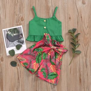 Toddlers Newborn Baby Fashion Girls Solid Color Suspender Top And Leaves Print Shorts 2pcs Set