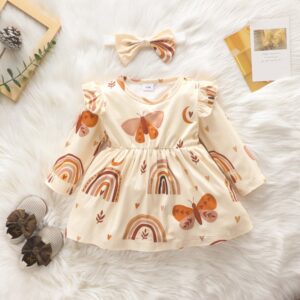 Baby Girls Cute Round Neck Long Sleeve Stringy Selvedge Rainbow Cartoon Animal Pattern Dress And Headband
