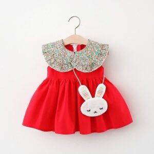 Baby Girls Pastoral Floral Sleeveless Dress With Rabbit Ornament