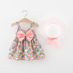 Baby Girls Pastoral Flower All Over Print Sleeveless Slip Dress With Straw Hat Set
