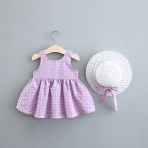 Baby Girls Cute Bow Decor Plaid Sling Dress With Hat