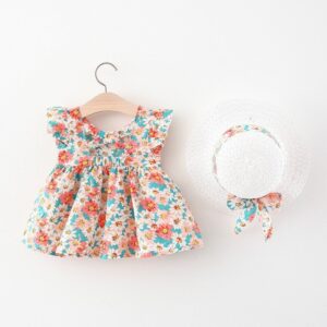 Girls Pastoral Flying Sleeve Flower All Over Print Dress With Hat Set