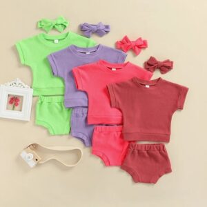 Toddlers Newborn Baby Fashion Girls Short Sleeve Solid Color Round Neck Pit Strip T-Shirt And Shorts Set