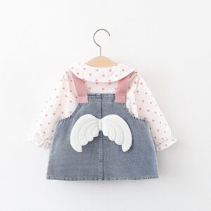 Baby Girls Cute Lapel Polka Dot Single-breasted Blouse And Denim Suspender Skirt Set