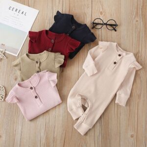 Baby Simple Ruffled Round Neck Long Sleeve Solid Color Jumpsuit