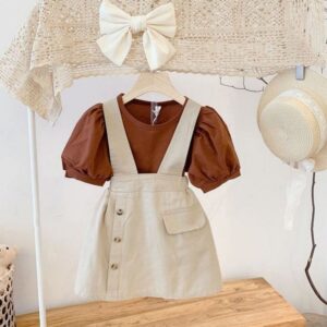Kids Girls Simple Solid Color Round Neck Puff Sleeve Top And Suspender Skirt Set