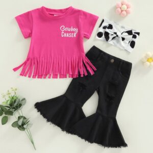 Toddlers Newborn Baby Fashion Girls Letter Print Short Sleeve Tassel Top And Flared Pants Set