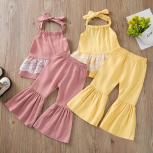 Kids Baby Girl Fashion T Solid Color Flared Pants Lace Halter Two Piece Set