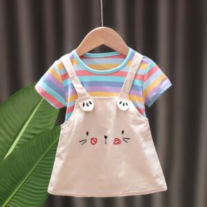 Baby Girls Cute Color Stripe Cartoon Cat Face Embroidery Round Neck Short Sleeve Spliced Dress