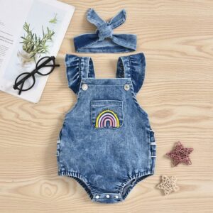 Toddler Newborn Baby Infant Girls Rainbow Denim Bodysuit And Headbband 2pcs Set