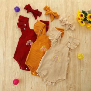 Girls Cute Solid Color Rainbow Embroidery Ruffled Sleeveless Rompe