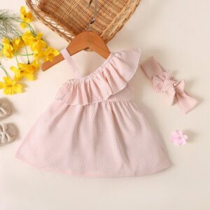 Toddlers Newborn Baby Fashion Girls Stripe Print Dress And Headband 2pcs Set