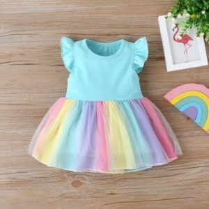 Kids Girls Cute Color Mesh Design Round Neck Ruffled Dress