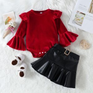 Toddlers Newborn Baby Girls Long-Sleeved Solid Color Bodysuit And Skirt 2cps Set