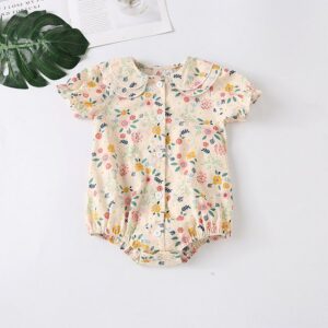 Baby Girls Pastoral Double-collar Puff Sleeve Floral All Over Print Romper