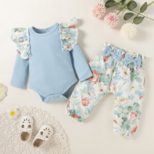 Toddler Newborn Baby Infant Girls Long-Sleeved Ruffle Sleeve Tops And Foral Print Pants 2pcs Set