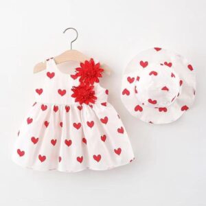 Toddlers Newborn Baby Fashion Girls Sleeveless Flower Heart Print Dress And Hat 2pcs Set