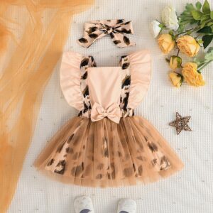Toddlers Newborn Baby Fashion Girls Ruffle Sleeve Leopard Splicing Mesh Dress And Headband 2pcs Set