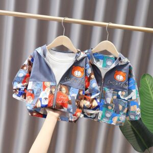 Kids Cute Cartoon Bear All Over Print Long Sleeve Zipper Coat