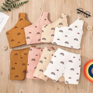 Toddlers Newborn Baby Fashion Girls Casual Basic Sleeveless Rainbow Print Top And Shorts Set