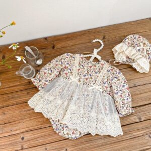 Kids Triangle Bag Fart Skirt Long-Sleeved Lace Hollow Lace Tiny Flower Skirt Romper