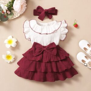 Toddlers Newborn Baby Fashion Girls Fuffle Sleeve Patchwork Dress And Headband 2 Pcs Set