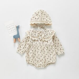 Baby Girls Floral Lapel Long Sleeve Romper With Hat
